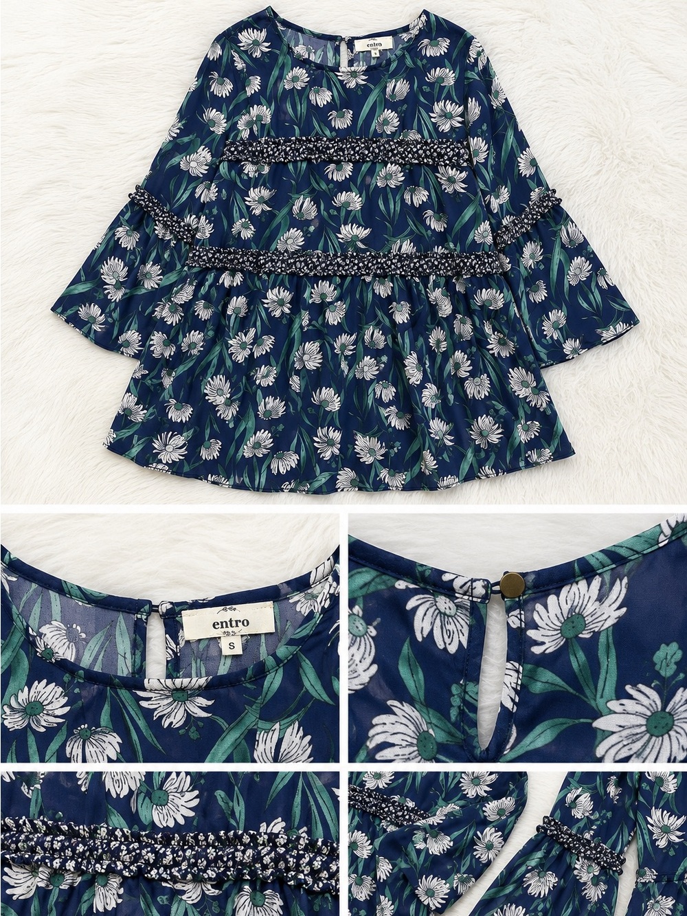 Entro Navy Floral Tiered Mini Dress Size Small NWT Long Sleeve Boho